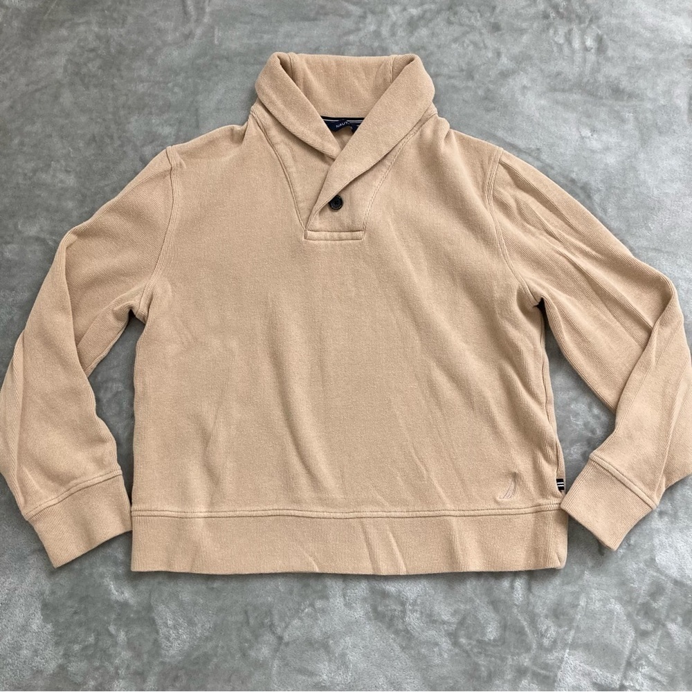 Nautica Tan Shawl Neck Pullover Sweater Medium Fall Winter Casual Classic